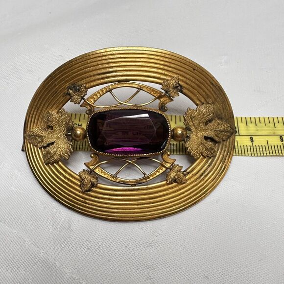 Art Nouveau Sash Pin Brooch Autumn Leaf design Amethyst Glass George L Paine Co - Picture 15 of 16
